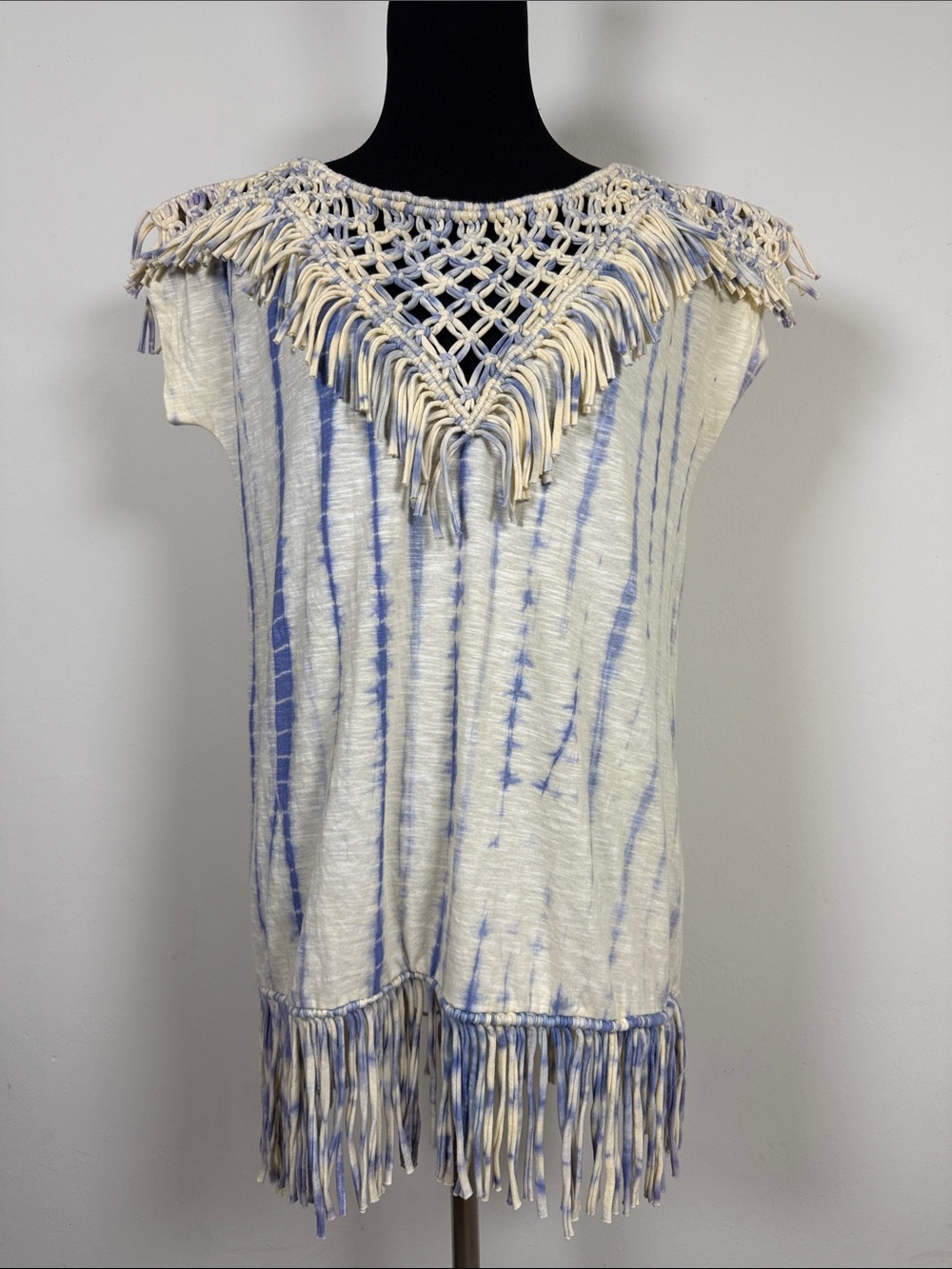 PEPIN Boho Fringe Tie-Dye Tunic Top in Cream & Light Blue XS